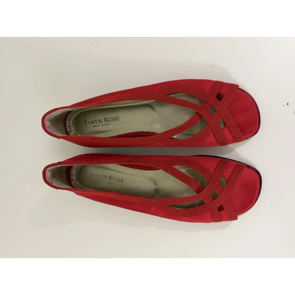 Taryn Rose Red Stain Peep Toe Flats Tomato Girl Balletcore Eclectic Grandpa 38.5